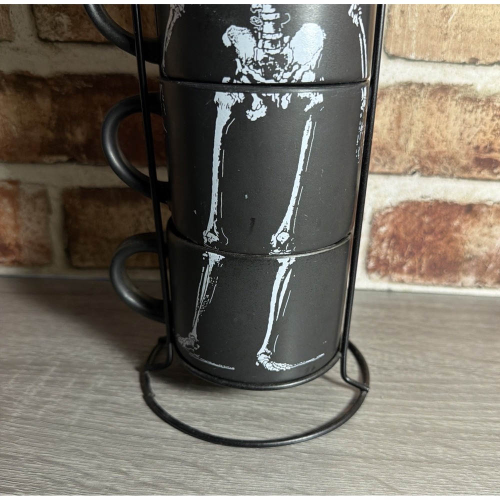Stackable Skeleton Black Ceramic Coffee Mug Set of 4, 16 fl oz Halloween - Picture 3 of 8